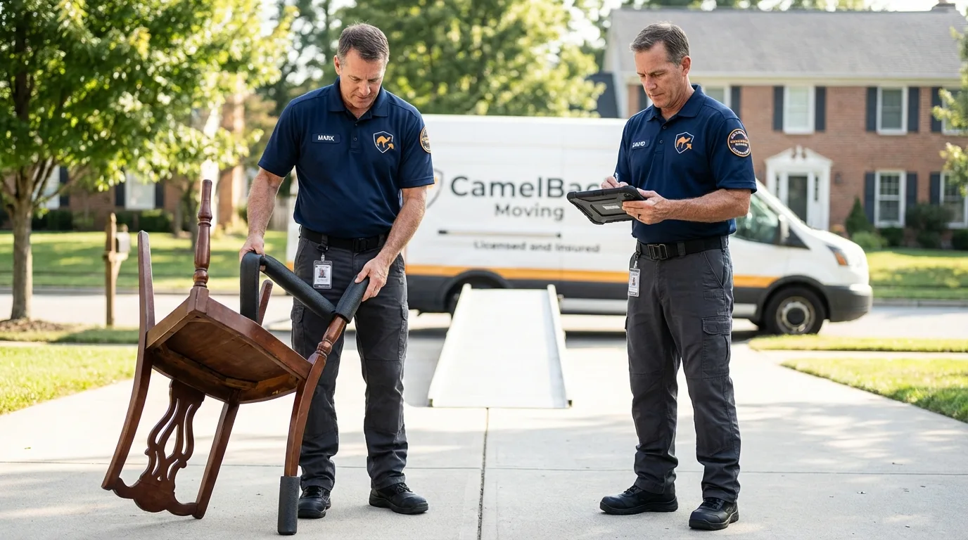 Movers inspecting furniture for damage prevention before loading in Cassopolis, MI